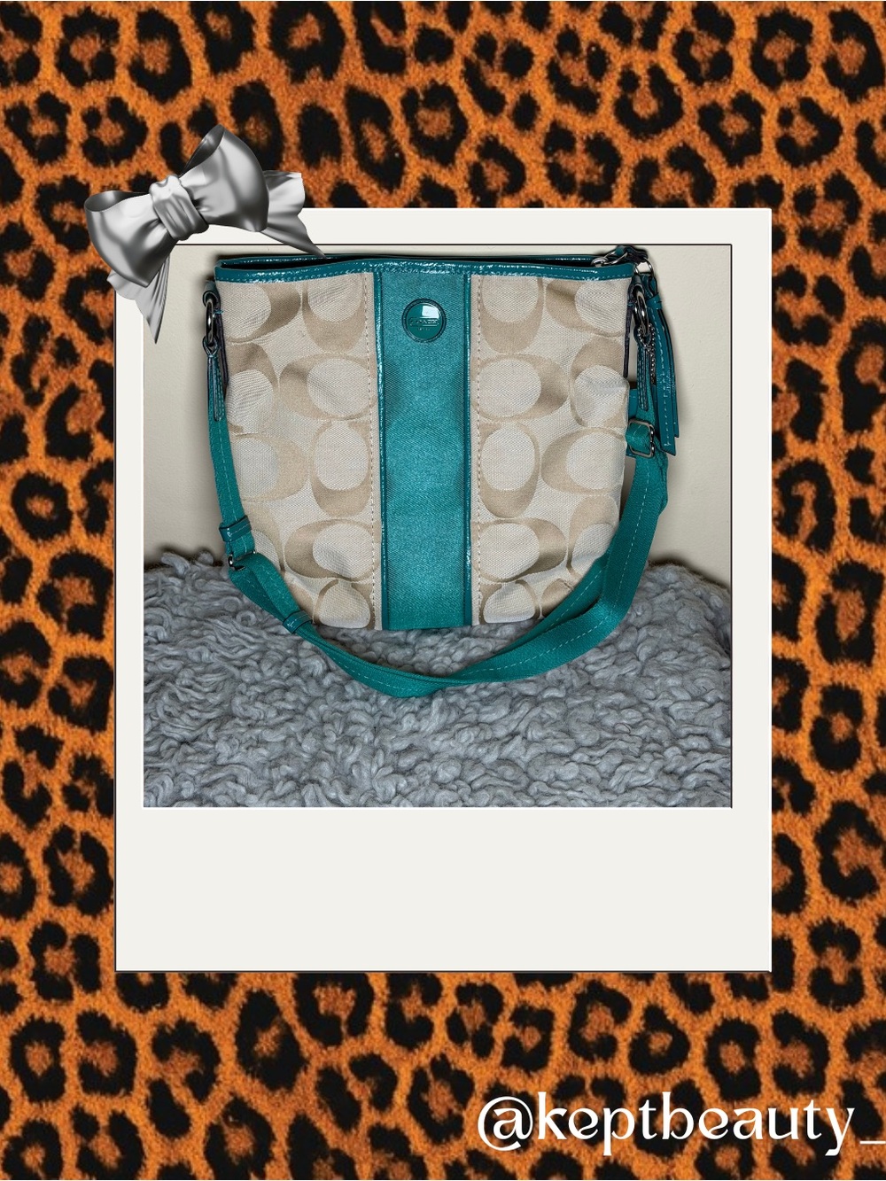 Coach Beige Signature Canvas Shoulder Bag with Teal Trim